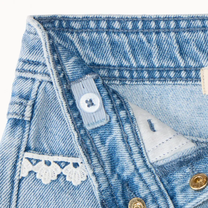 Korte lange jeans met borduursel en verstelbare taille meisjes