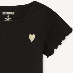 Korte mouwen geribd T-shirt met geborduurd hart meisjes