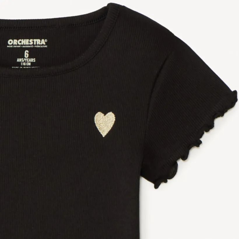 Korte mouwen geribd T-shirt met geborduurd hart meisjes