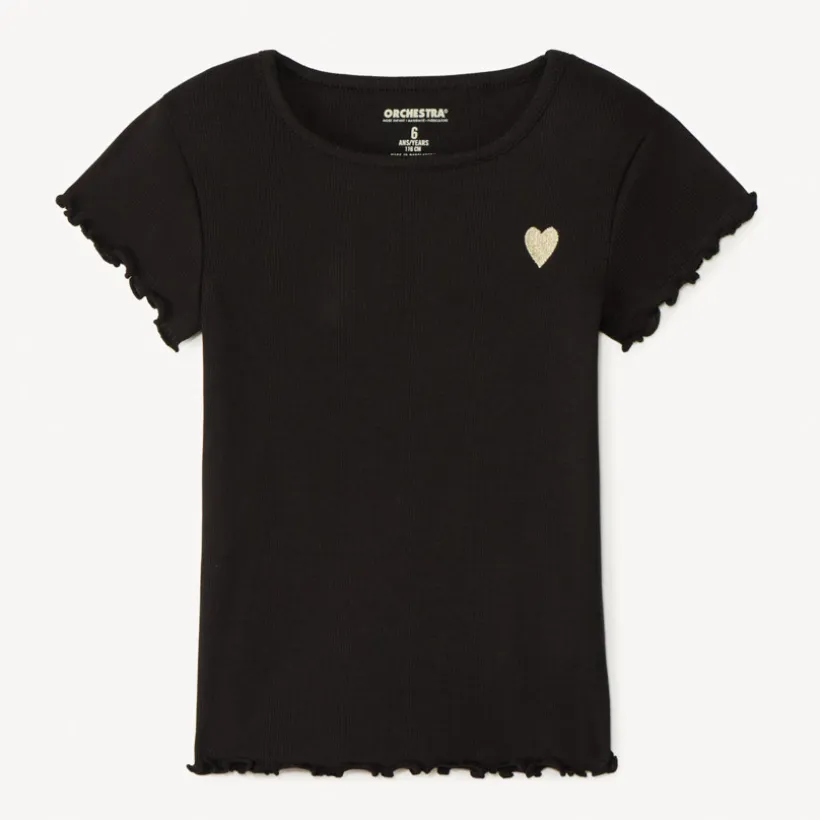 Korte mouwen geribd T-shirt met geborduurd hart meisjes