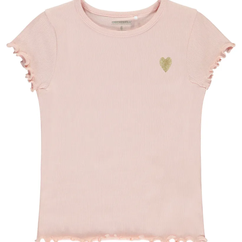 Korte mouwen geribd T-shirt met geborduurd hart meisjes