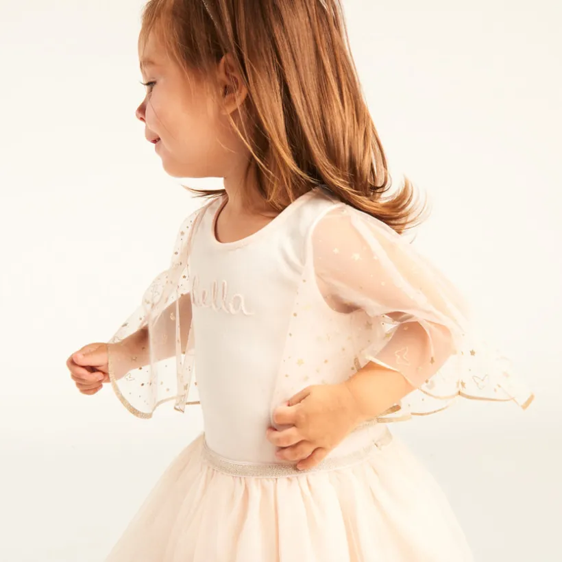 Korte mouw tulle glitter jurk met 2-in-1 effect voor babymeisjes