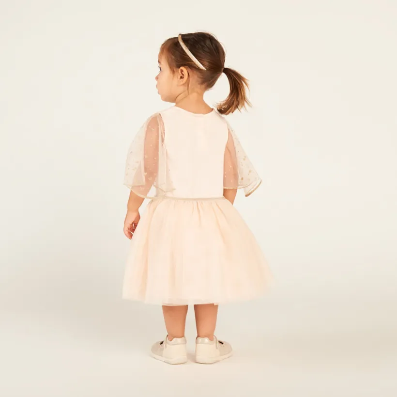 Korte mouw tulle glitter jurk met 2-in-1 effect voor babymeisjes