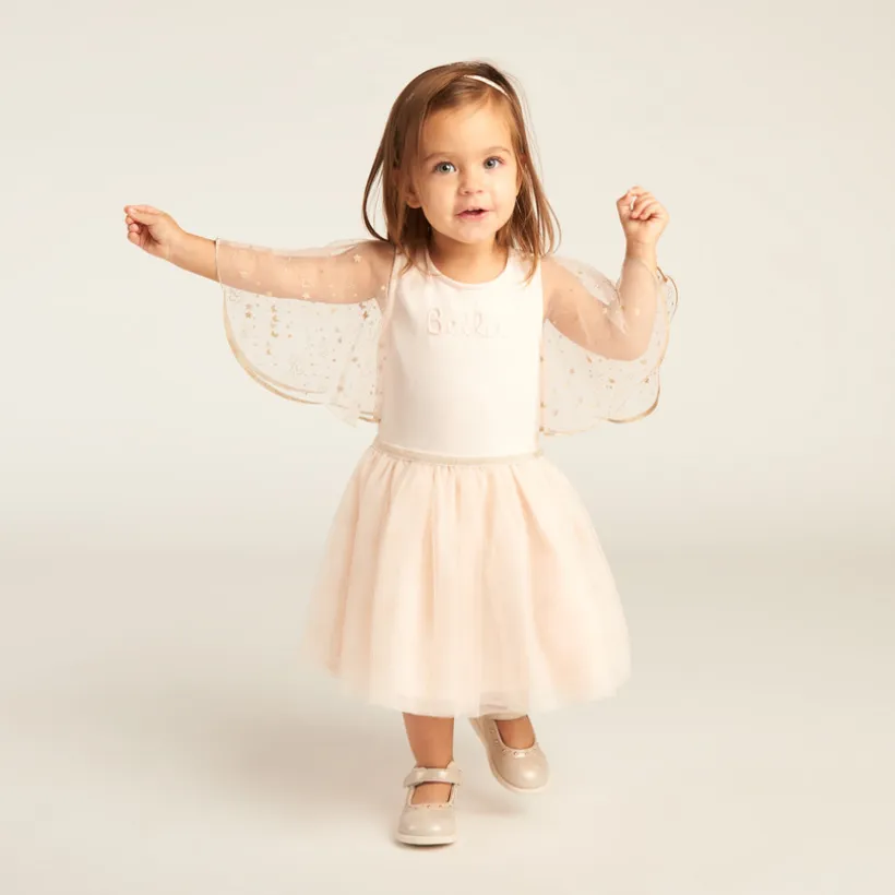 Korte mouw tulle glitter jurk met 2-in-1 effect voor babymeisjes