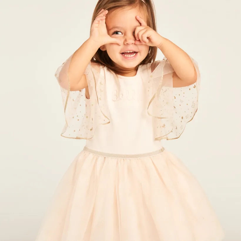 Korte mouw tulle glitter jurk met 2-in-1 effect voor babymeisjes