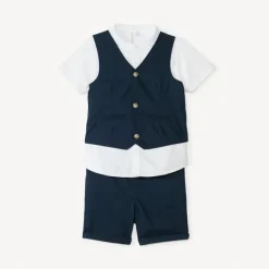 Korte set van 3 delen: korte mouwen overhemd + vest + bermuda voor babyjongen