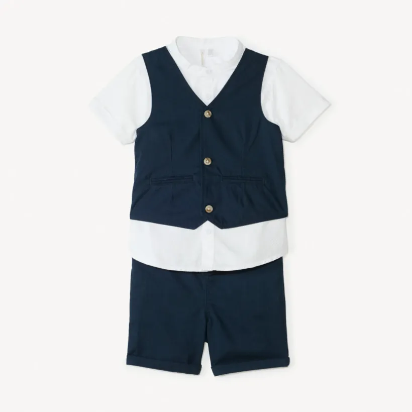 Korte set van 3 delen: korte mouwen overhemd + vest + bermuda voor babyjongen