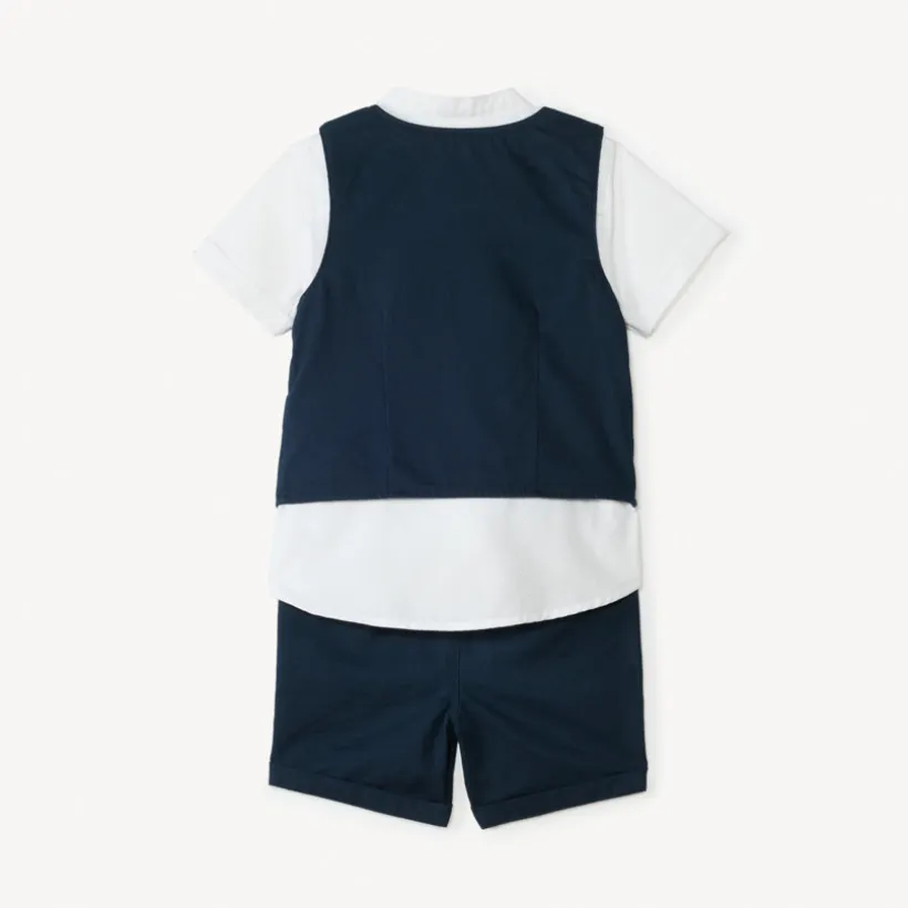 Korte set van 3 delen: korte mouwen overhemd + vest + bermuda voor babyjongen