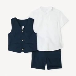 Korte set van 3 delen: korte mouwen overhemd + vest + bermuda voor babyjongen