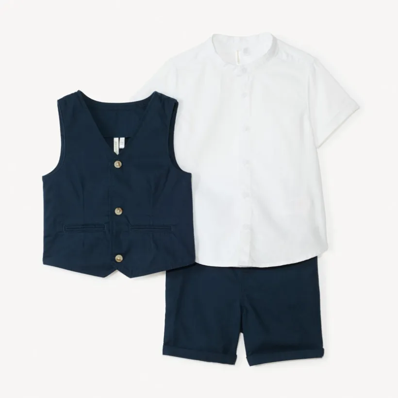 Korte set van 3 delen: korte mouwen overhemd + vest + bermuda voor babyjongen