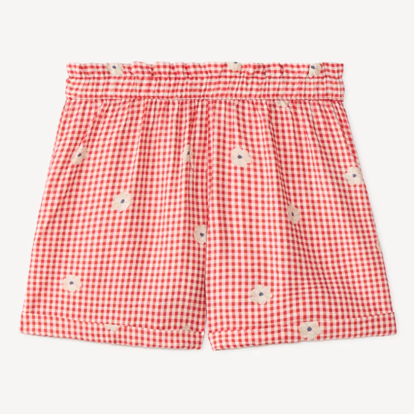 Kort meisje met vichy-stijl en geborduurde bloemen