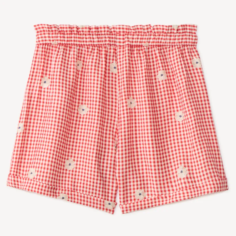 Kort meisje met vichy-stijl en geborduurde bloemen
