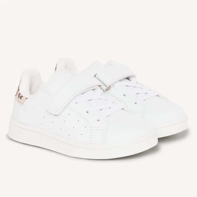Lage witte sneakers met elastische veters, klittenband en luipaardprint achterkant meisjes