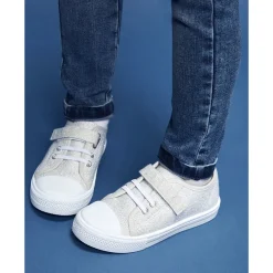 Lage zilveren sneakers met klittenband en elastische veters meisjes