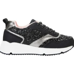 Lage zwarte sneakers in lurex met pailletten en veters meisjes
