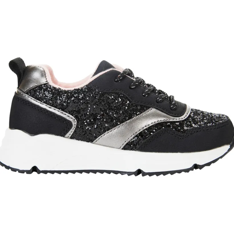 Lage zwarte sneakers in lurex met pailletten en veters meisjes