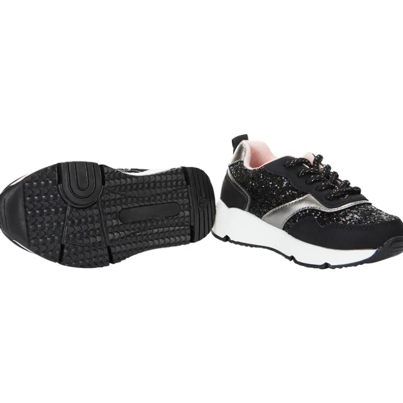 Lage zwarte sneakers in lurex met pailletten en veters meisjes
