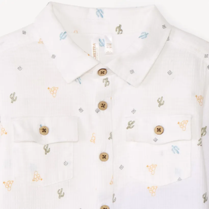 Langarmige shirt van cactusbedrukt canvas voor babyjongen