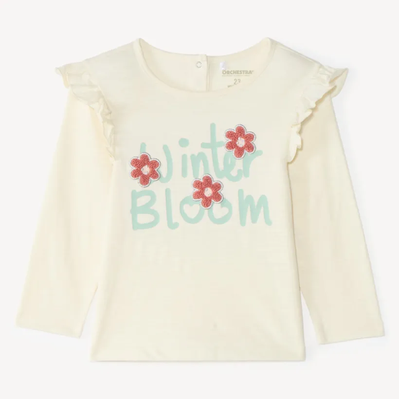 Langarm T-shirt meisjes met een fantasie jacquard patch.