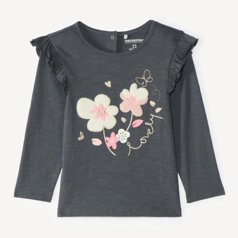 Langarm T-shirt meisjes met een fantasie jacquard patch.