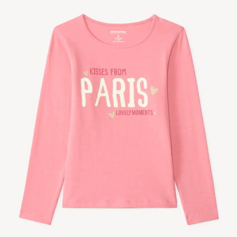Langarm T-shirt meisjes met fantasieprint en glitter.