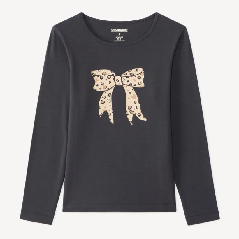 Langarm T-shirt meisjes met fantasieprint en glitter.