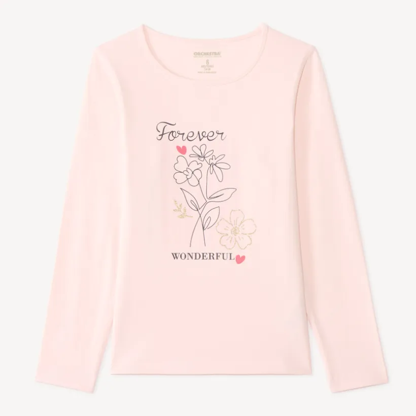 Langarm T-shirt meisjes met fantasieprint en glitter.