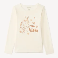 Langarm T-shirt meisjes met fantasieprint en glitter.