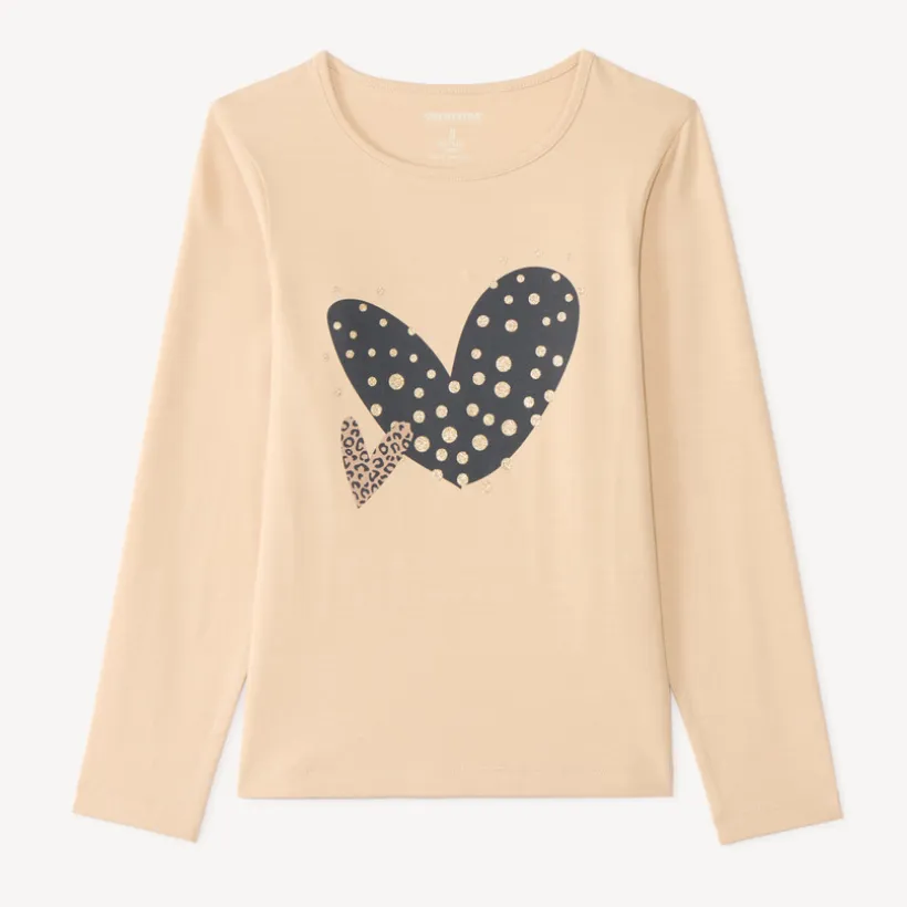 Langarm T-shirt meisjes met fantasieprint en glitter.
