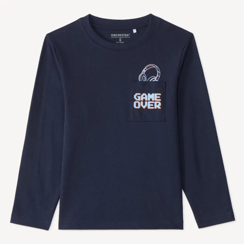 Langarm T-shirt met opgestikte zak en fantasiedruk jongens