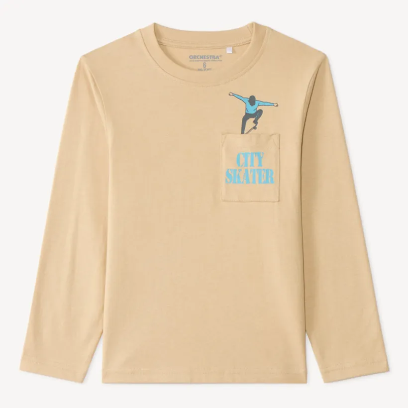 Langarm T-shirt met opgestikte zak en fantasiedruk jongens