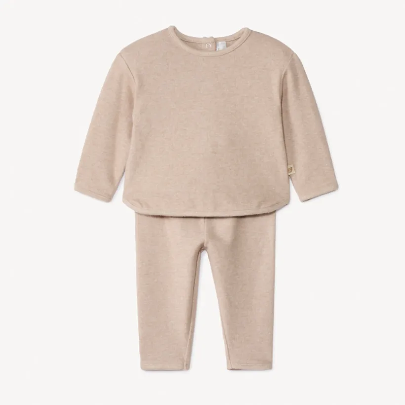 Lang 2-delig ensemble in effen beige gemêleerde jersey voor baby totaallook