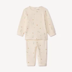 Lang 2-delig geribd jersey set met plantenprint meisjes écru