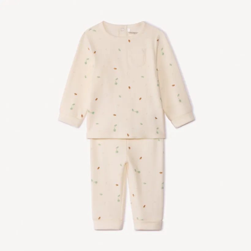 Lang 2-delig geribd jersey set met plantenprint meisjes écru