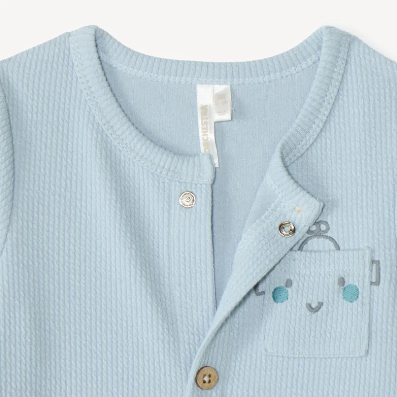 Langdurige jongensbabykleding in geribbelde stof met robotborduurwerk