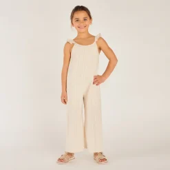 Lange jumper met schouderbanden in gestreepte stof meisjes