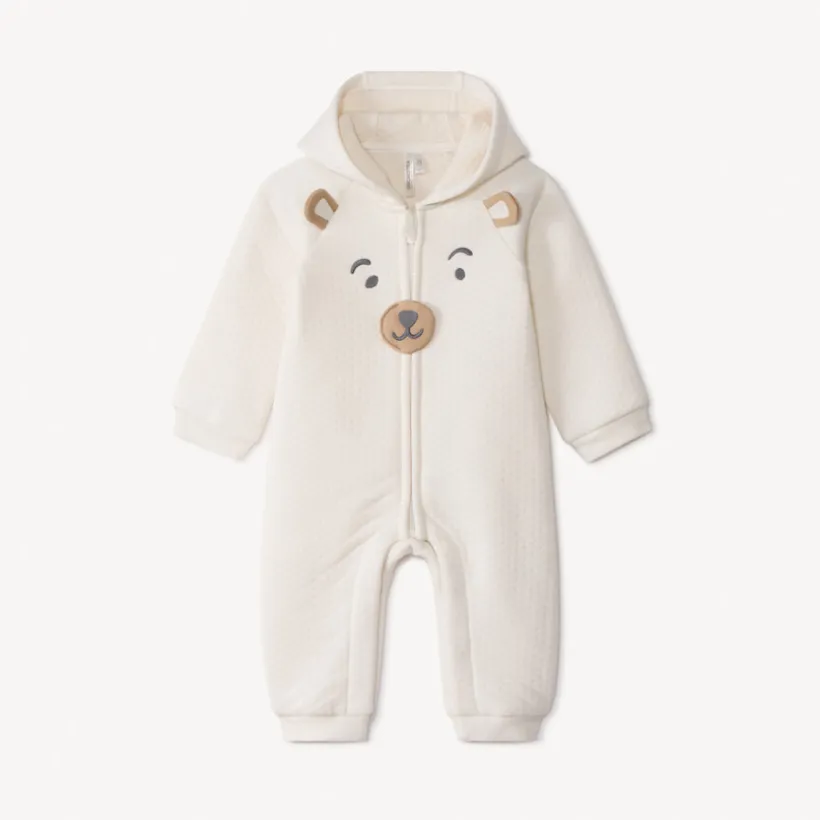 Lange jumpsuit met kap en beerprint voor baby