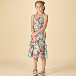 Lange jurk met volant en tropische print meisjes