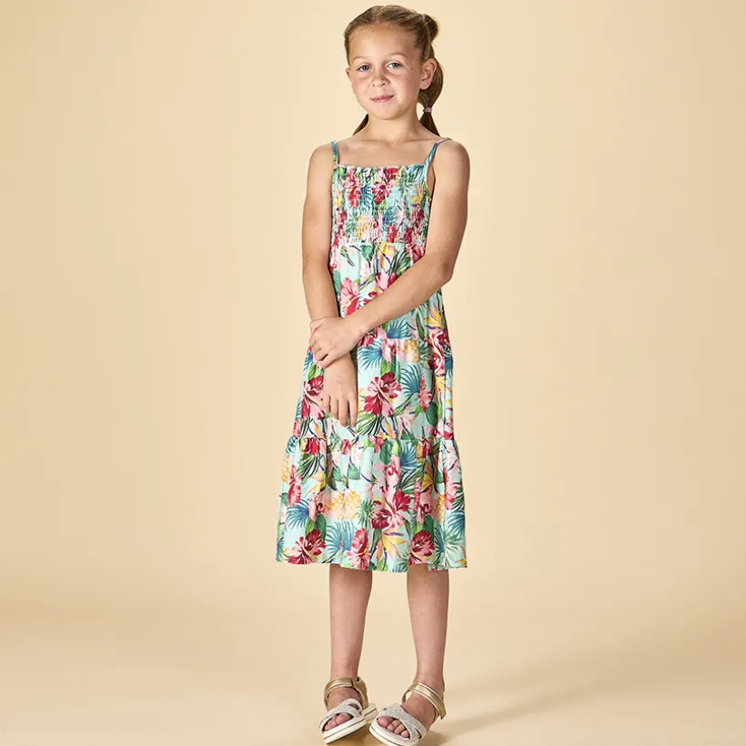 Lange jurk met volant en tropische print meisjes