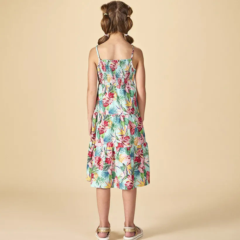 Lange jurk met volant en tropische print meisjes