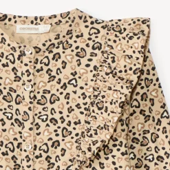 Langemouwenhemd met luipaardprint meisjes, koffie-met-melk kleur, met mao-kraag, pofmouwen en elastische manchetten