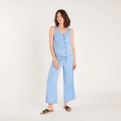 Lange zwangerschaps- en voedingsoverall van denim-look katoen.