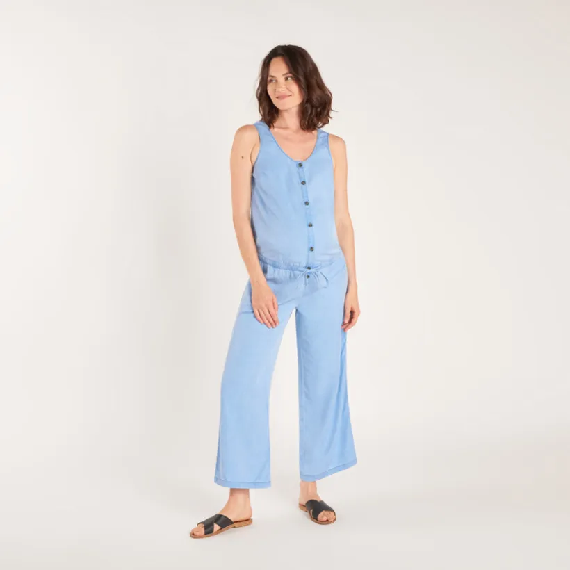 Lange zwangerschaps- en voedingsoverall van denim-look katoen.