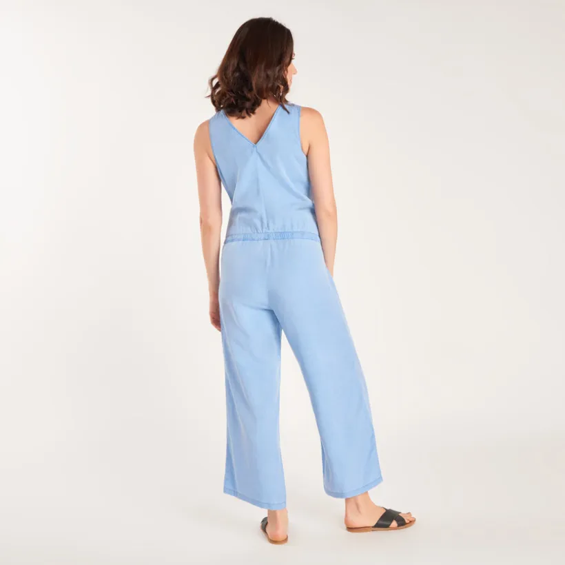Lange zwangerschaps- en voedingsoverall van denim-look katoen.