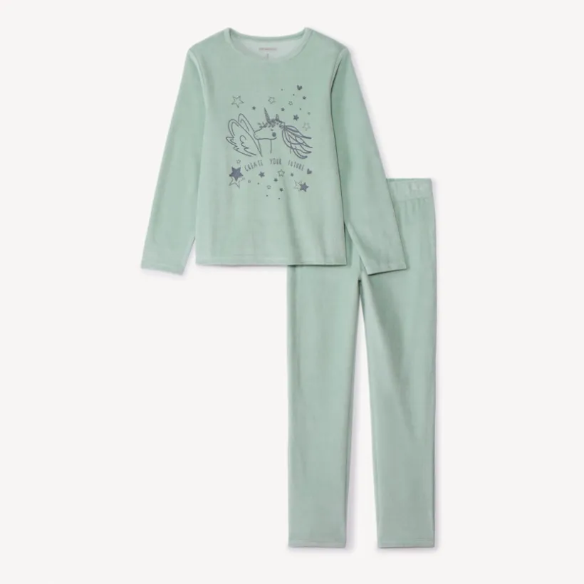 Lang fluwelen pyjamaset met effen print meisjes