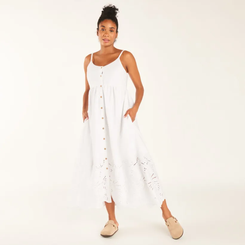 Lang jurken in chiffon met Engelse borduursels voor zwangere vrouwen