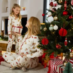 Lang pyjamaset in interlock met all-over kerstprint meisjes