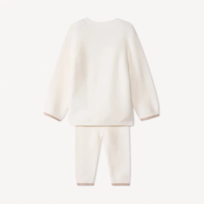 Lang tweedelig gebreid setje in schuimsteek, uni beige voor baby