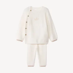 Lang tweedelig gebreid setje in schuimsteek, uni beige voor baby