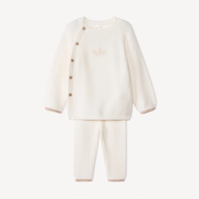 Lang tweedelig gebreid setje in schuimsteek, uni beige voor baby